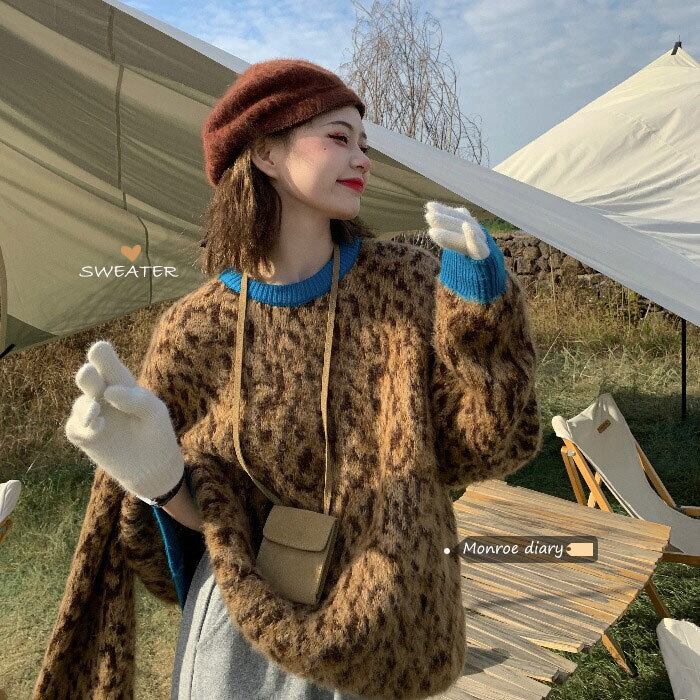 スタンダードニットセーター レオパードプリント柄レディースルーズトップス コート ロング レトロ ウィンター 冬物 モンロー38392082003