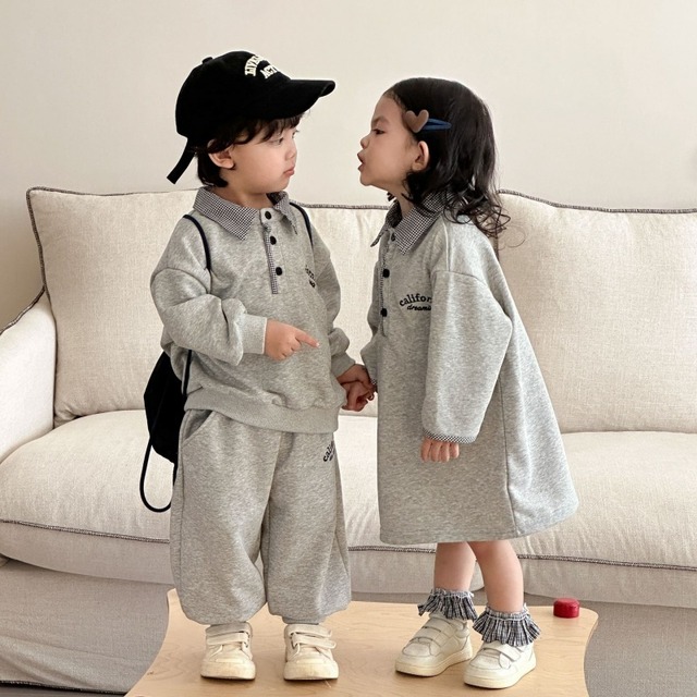 【KID】秋新作チェック柄トレーナー＆ワンピース 兄妹コーデ 2点セット