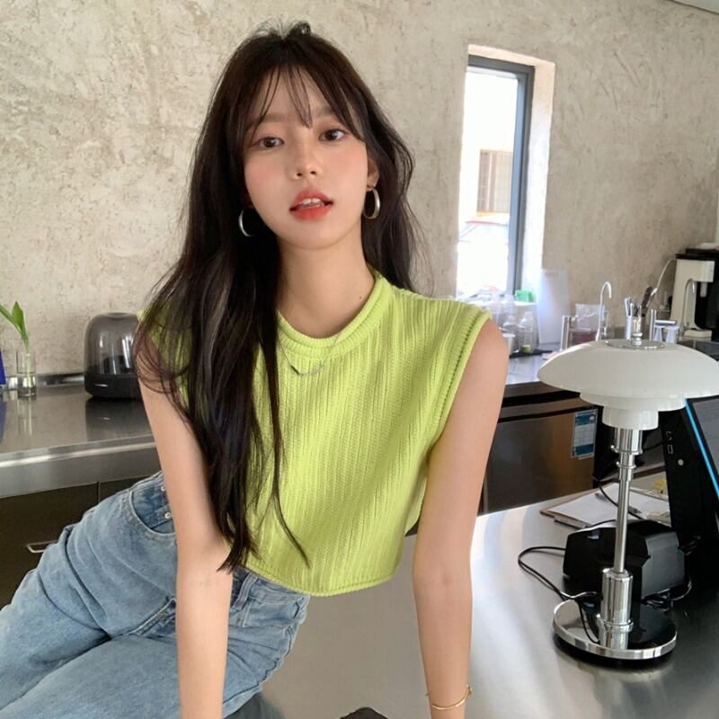 ショートグリーンノースリーブブラウス サマースタイルニット 夏物 シルク ヨーロピアン 1号婦人6217016238