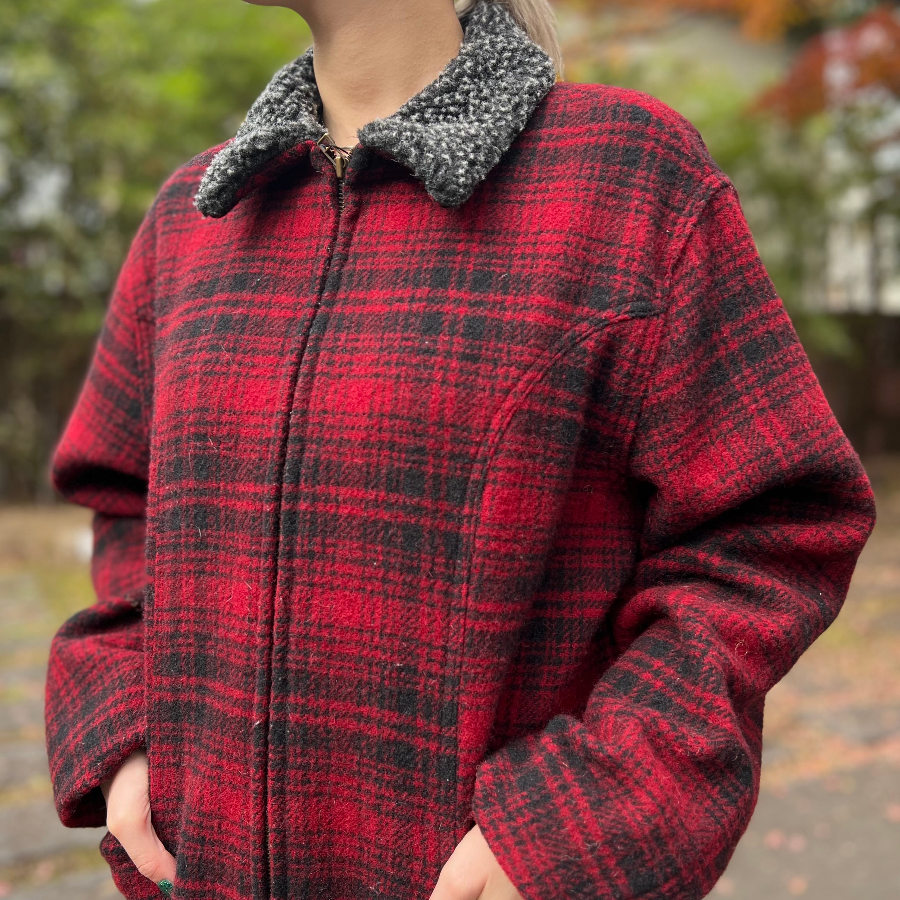 USA製 sizeM Woolrich ウールリッチ ウールジャケット ジャケット ミディアム丈 襟切替 ボア チェック 黒 赤 古着 古着屋 高円寺  ビンテージ レディース古着