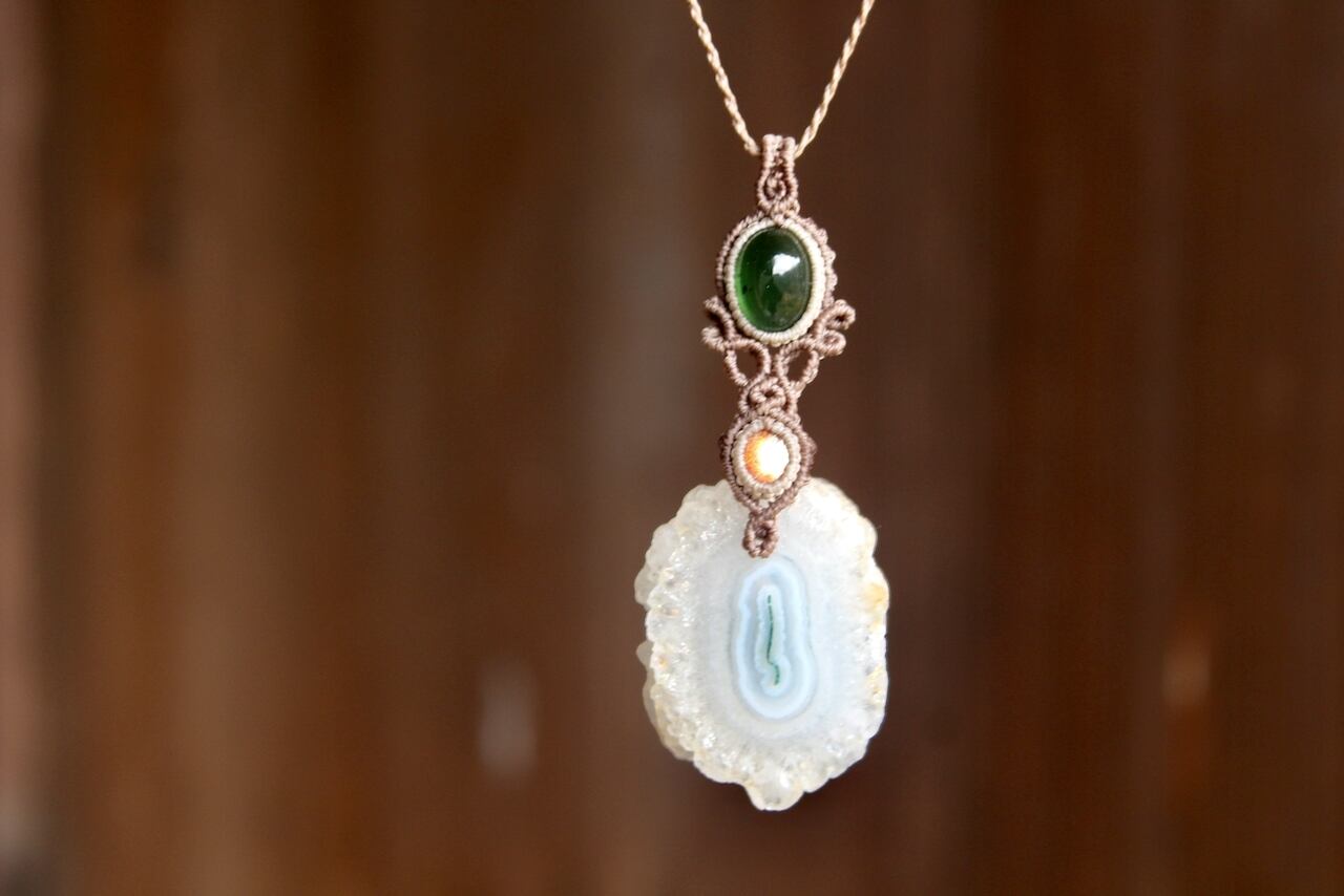 Solar Quartz & Serpentine & Sunstone micro macrame pendant