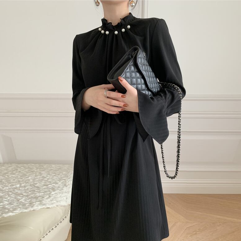 パールビジュー付きワンピース ドレス フレア 上品 体型カバー オフィス パーティー 二次会 女子会 Graces By Yuu