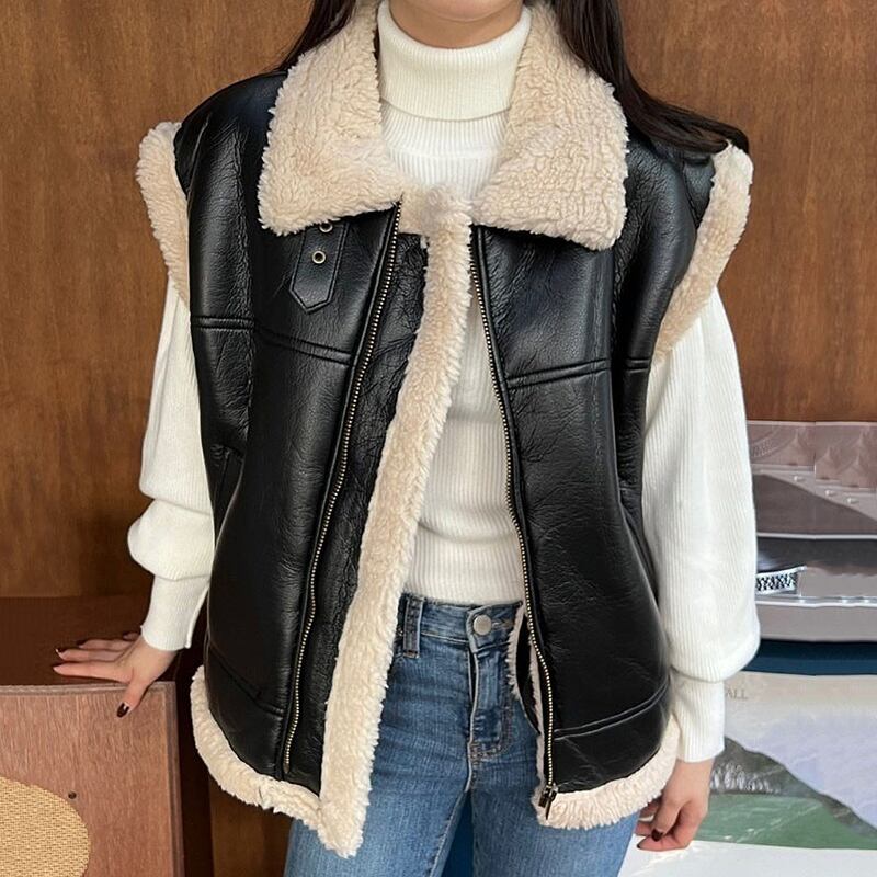 裏ボア フェイクレザー ジップアップ ジャケット ベスト ノースリーブ ルーズ あたたか カジュアル クール カッコいい アウター 秋 冬 韓国風 429 Macaron