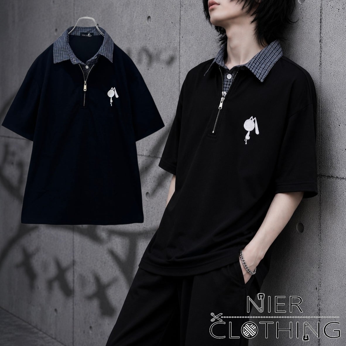 ヒロミ　2点のまとめ　34＋シャツ CHECK COLLAR FAKE LAYERED HALF ZIP TOPS【BLACK】 | NIER CLOTHING