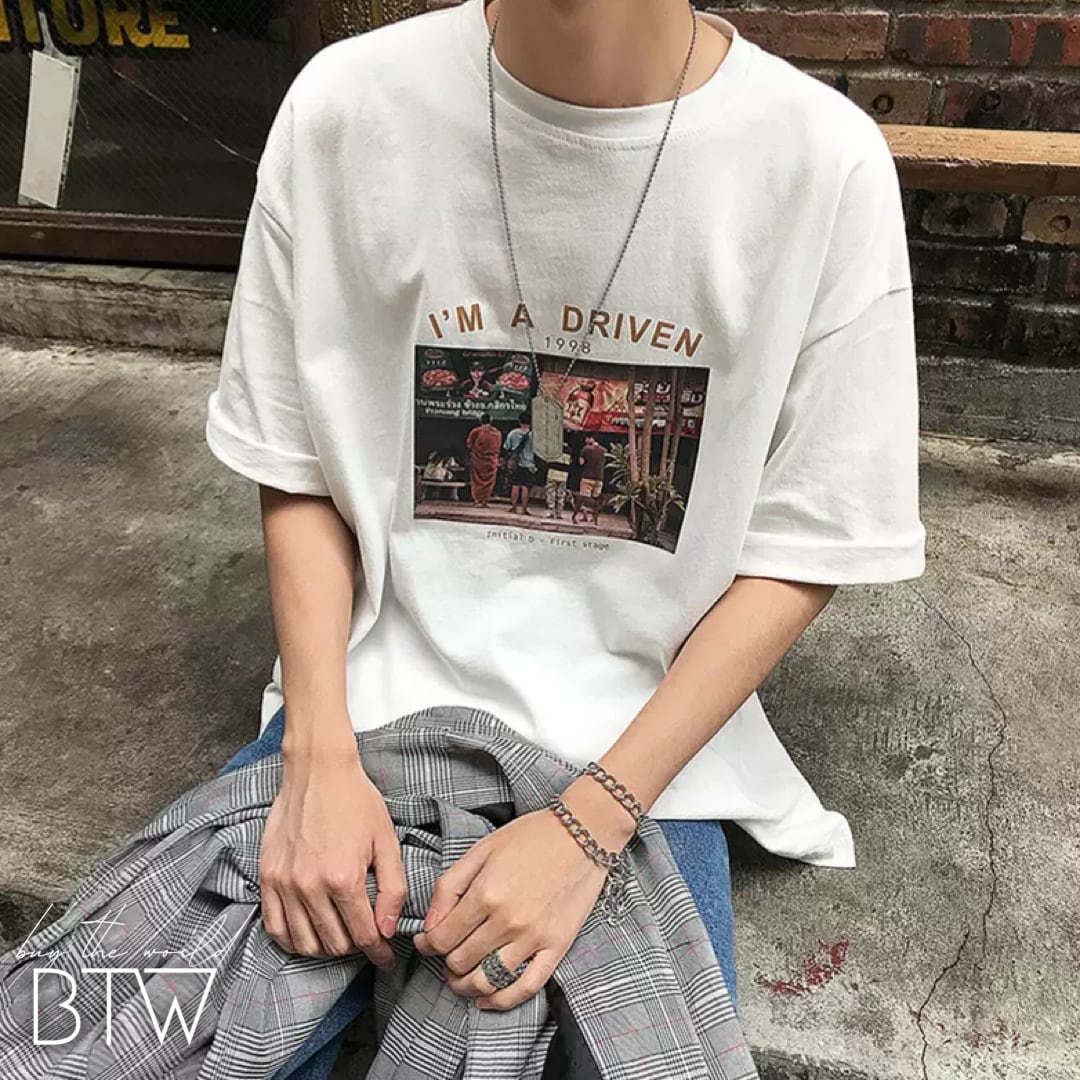 韓国メンズファッション】 BW701 ルーズ 半袖 ロゴ Tシャツ 肩落ち ...