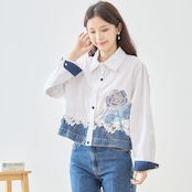TRUBE ローズプリントデニムヘムクロップドシャツ【M~L】ホワイト