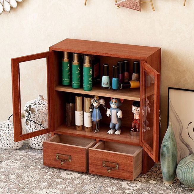 卓上 ガラスキャビネット 両開き 収納ケース 引き出し付き 木製 ガラス