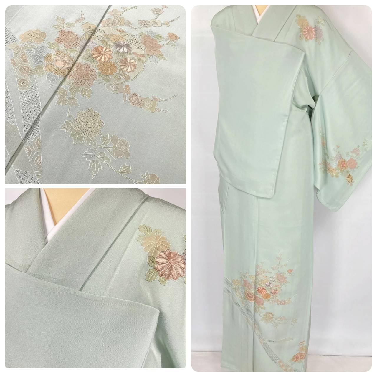 汕頭 蘇州 相良 総刺繍 未使用 雪輪 花柄 訪問着 正絹 黄緑 青緑 1010 | kimono Re:和 [online store] キモノリワ  着物 帯