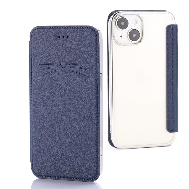 iPhone13 ケース 手帳タイプ 背面クリア 型押しの猫柄 シンプル スッキリ 手帳型 アイフォン13 スマホカバー 薄型 ストラップ ホール スリム Qiワイヤレス対応 ACkaban アイフォン 13 カバー 手帳 薄いケース マグネット無し ベルトなし 使いやすい おしゃれ カード収納 iPhoneマック見え 男性女性対応 カップル 素敵 ダークブルー