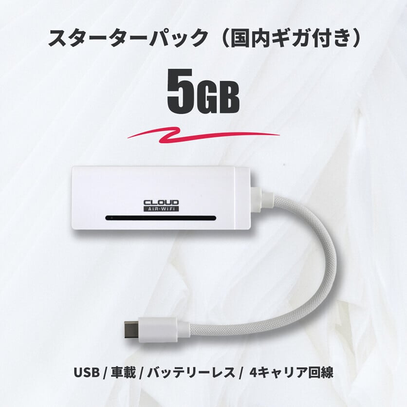 USB / 車載 / バッテリーレス・スターターパック（HUNDRED Wi-Fi チャージ Type 本体 + 国内ギガ）