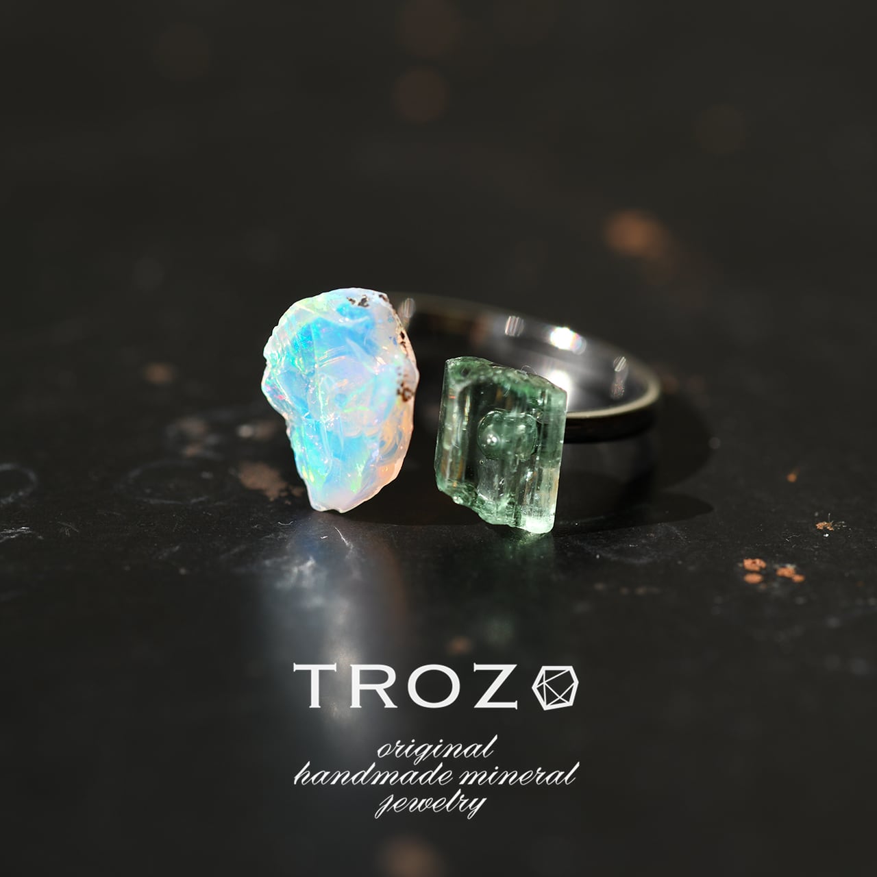 天然石 ラブラドライト×トルマリンクォーツ フォークリング【フリーサイズ】指輪