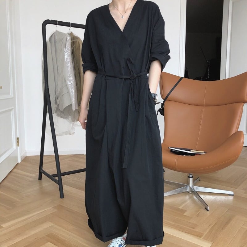 Vネック ベルト紐付き ワイドレッグ ジャンプスーツ ◆2color 204617