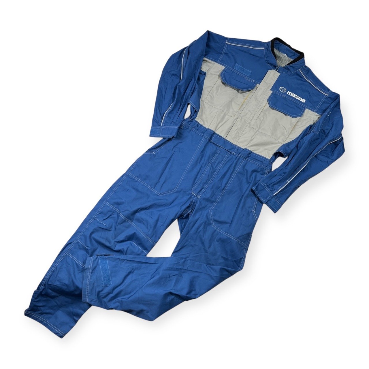MAZDA マツダ 長袖 つなぎ メカニックスーツ 作業着 サイズ L /オールインワン/ブルー×グレー×イエロー