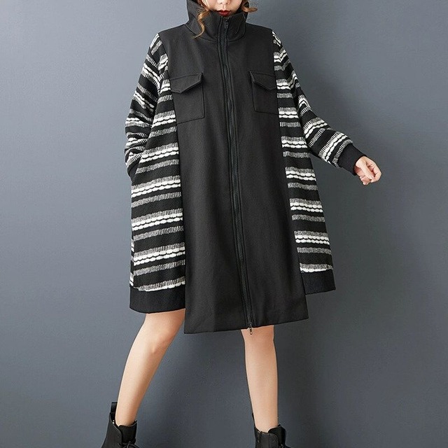 CONTRAST STITCH STAND COLLAR FULLZIP MIDI CASUAL JACKET COAT 1color M-15365