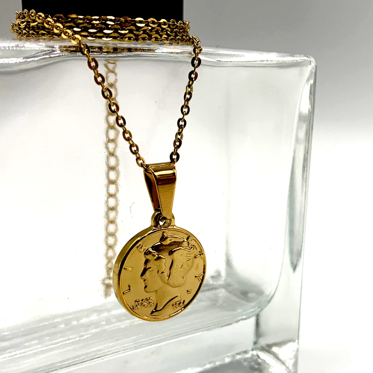 ステンレスマーキュリーダイムリバティコインネックレスゴールド