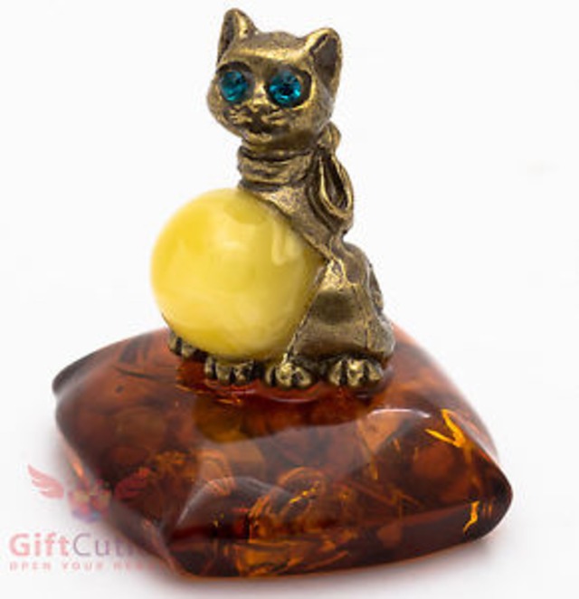 【送料無料】ボールironworksolid brass amber figurine of elegant cat with amber ball ironwork