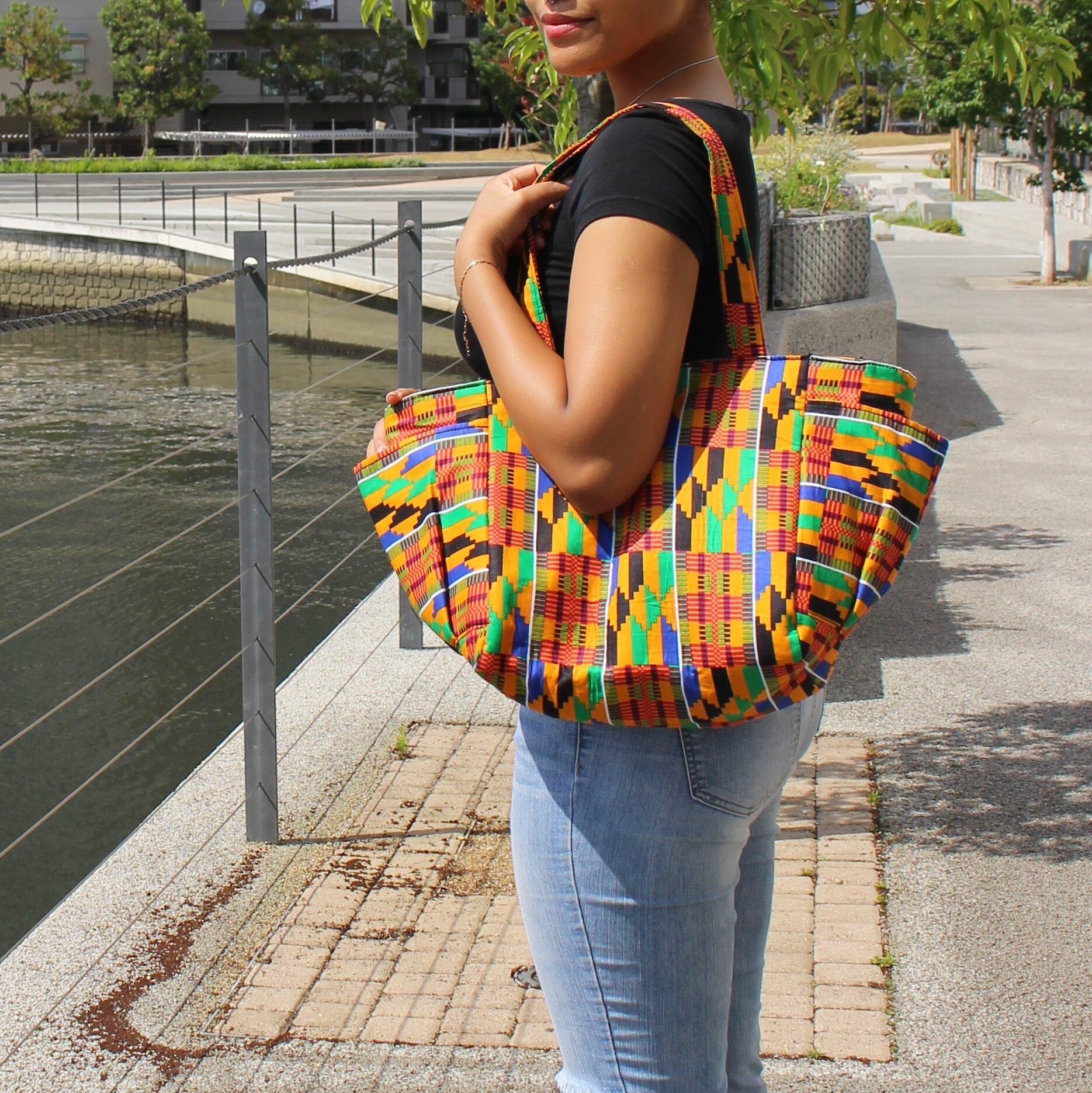 アフリカン Bigショルダートートバッグ ガーナ伝統織物ケンテクロス柄 黄赤緑黒青ラスタ ジャマイカ 稀少生地 大容量マザーズバッグメンズ Spooon Modern African Stylee