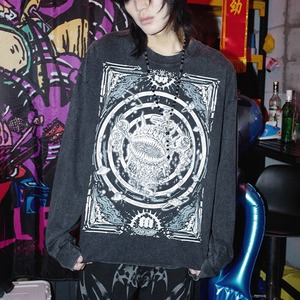 クトゥルフモチーフアングラシンボルアイサークルグラフィックビンテージブラックカットソー（2verあり）（ruf_02442）
