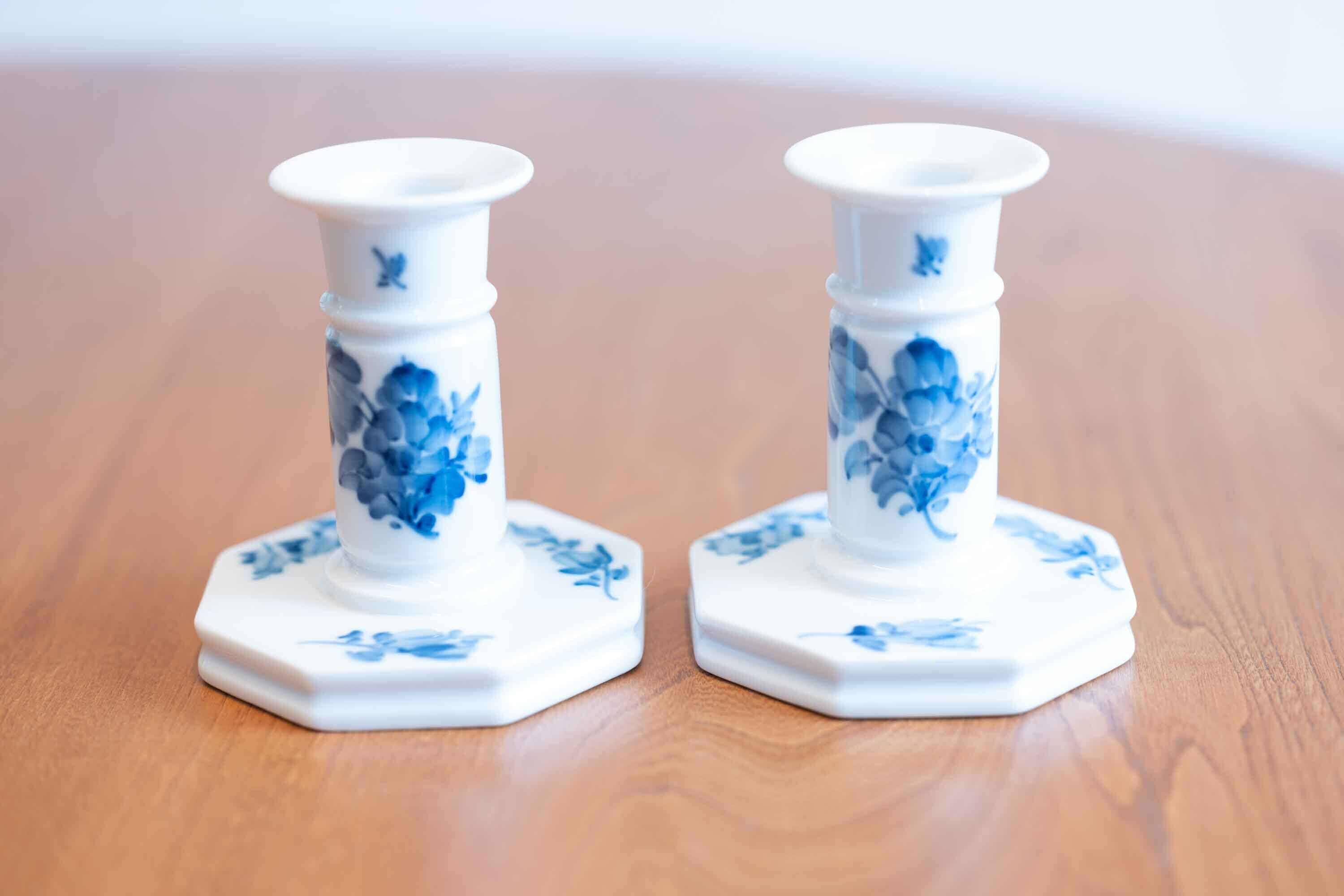デンマーク ロイヤルコペンハーゲン製 キャンドルホルダー2本セット ブルーフラワー手書き