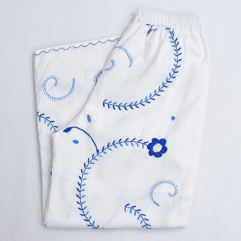 Remakeリメイク 再構築 パッチワーク&フラワー刺繍 デザイン ルーズシルエット コットン イージーパンツ エシカル ホワイト 古着 裏地付き レディースW65~92cm