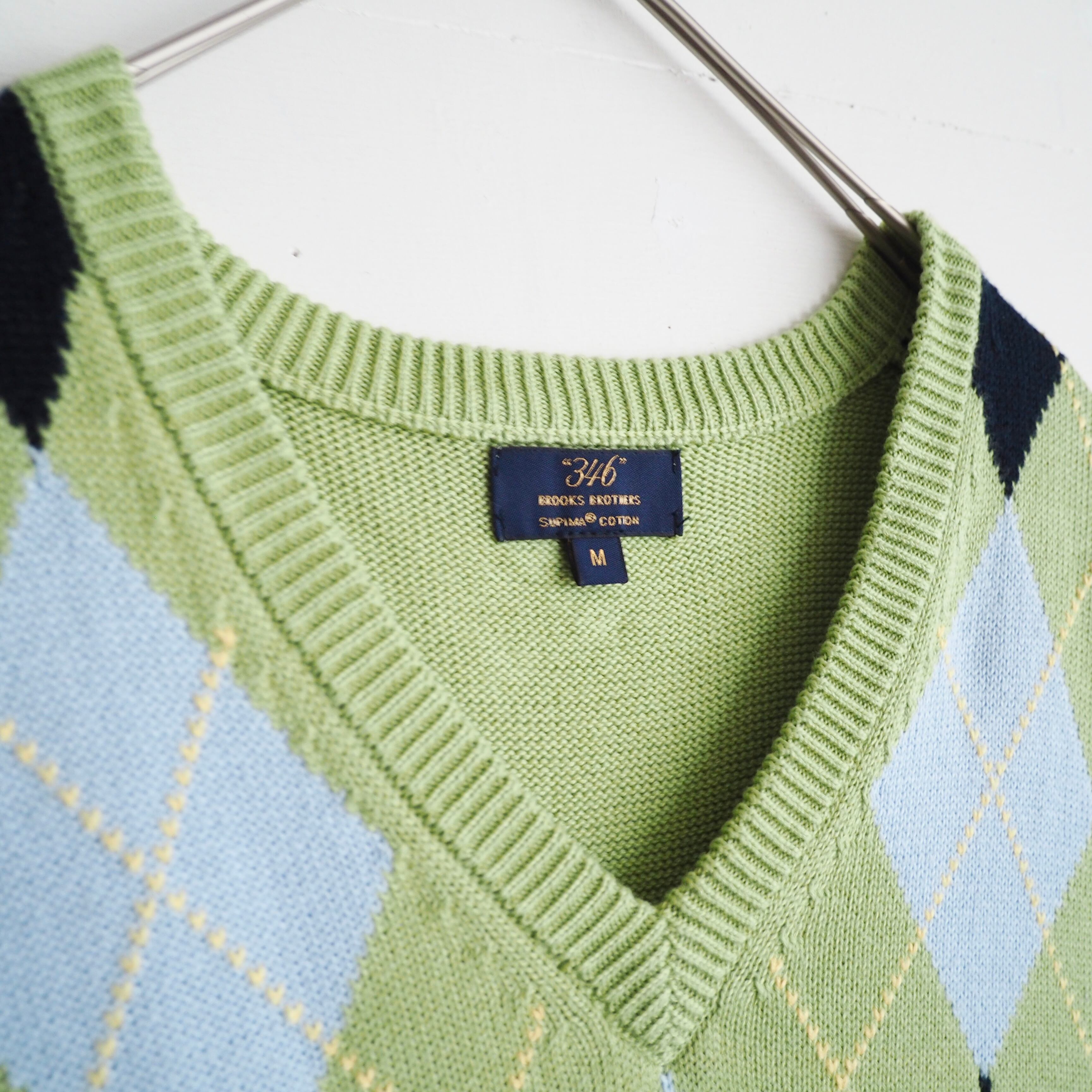 ” Brooks Brothers ” light green × yellow stitch argyle check pattern knit vest