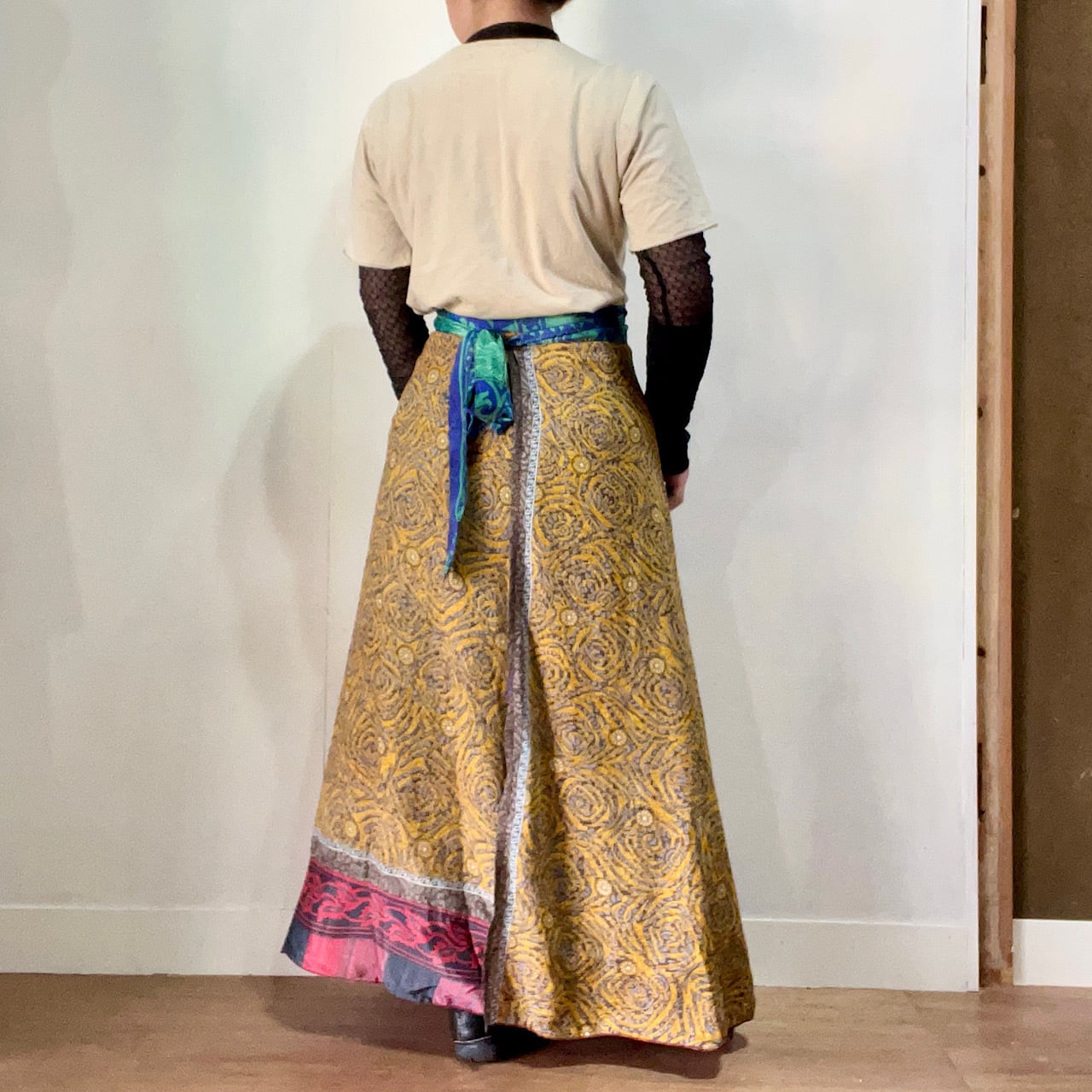 イエローブルー】 巻きスカート ロング ビンテージシルクサリー vdsl