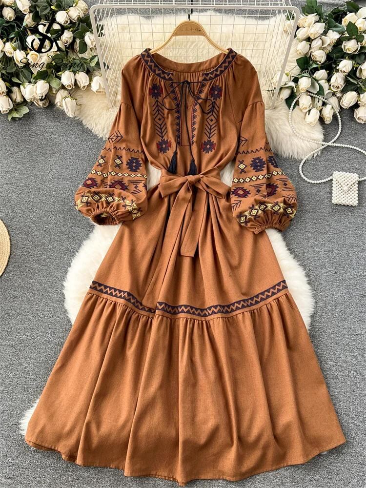 Sing補強-女性の自由奔放に生きる休暇スタイルのドレス、ラウンドネック、長いランタンスリーブ、刺embroideryベルトデザイン、大きくて大きなスイング、ヴィンテージドレス_48