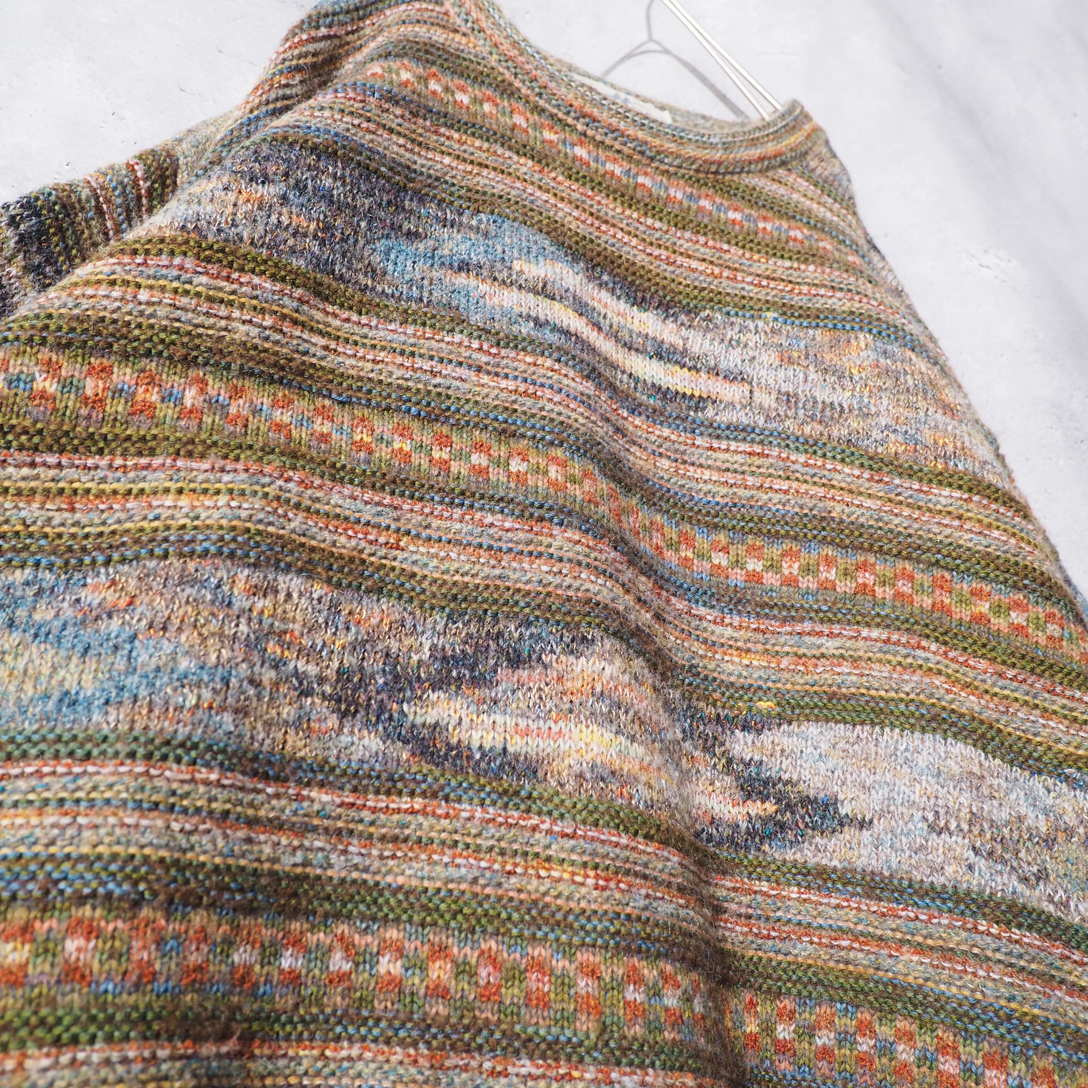 1980s " Made in Italy " Colorful mosaic × Border pattern vintage loose knit