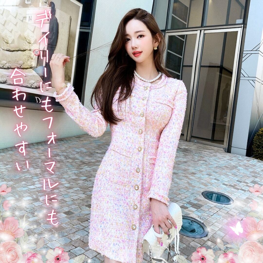 S-XL】エレガントピンク － フェミニンツイードワンピース♡R724 | luvxy