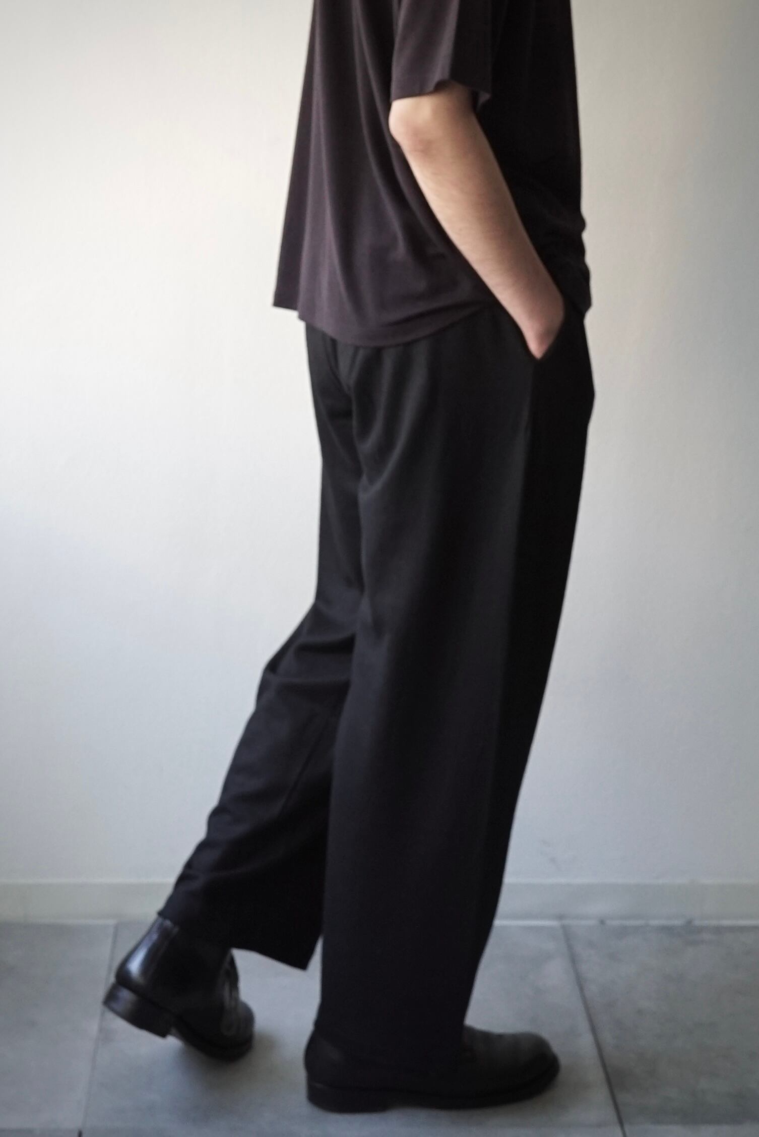 Super140s Washable Wool MW_Jersey / Wide Leg Pants (BLACK