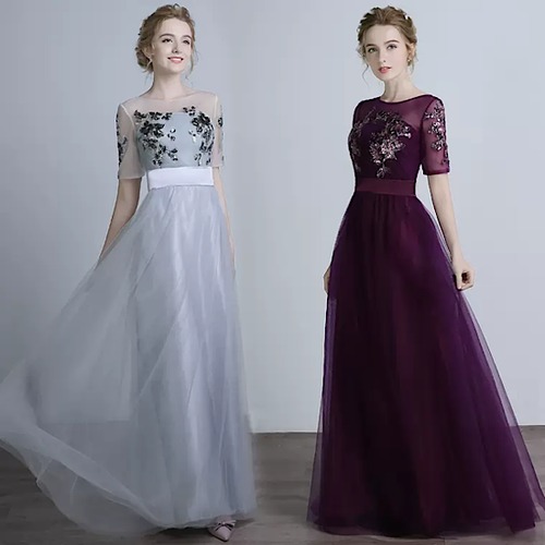 演奏会ドレス 発表会ドレス ラウンドネック シースルー 発表会 演奏会 レディース 結婚式 ステージ衣装 五分袖 ロング丈 エレガント ウエディングドレス カラードレス ハイウエスト イブニングドレス