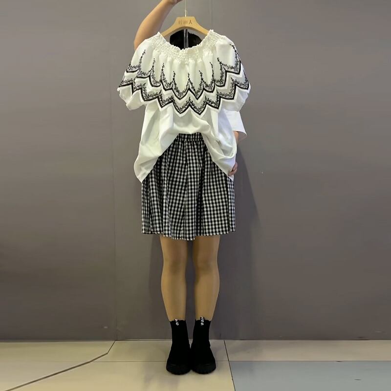 ストレッチレーストップス 格子柄ショーツ エラスティック 伸縮 大きめサイズ ブルマー ステッチ ミックスインファッション27142497382