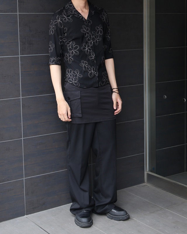 3/4 length flower design open collar shirt