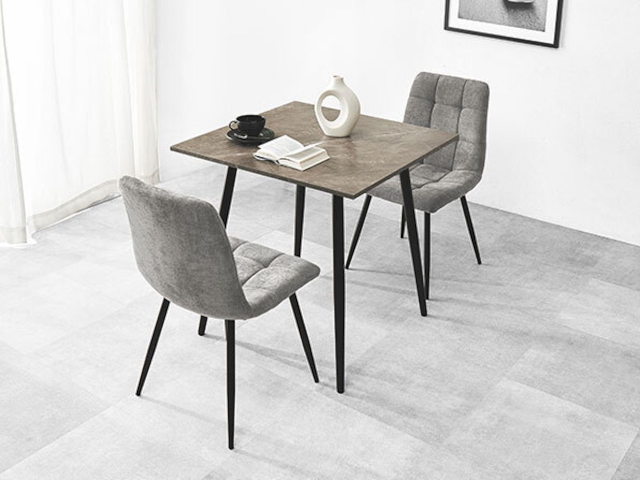 75×75cmカフェテーブル3点セット 大理石調 【チェア:グレー】・画像2