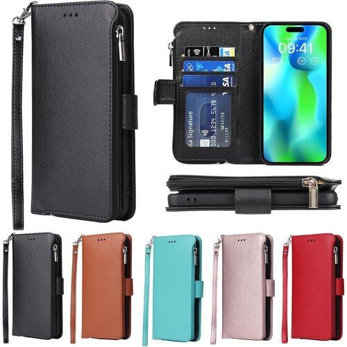 Eastwave アイフォン 15 Pro Max ケース iPhone 15 Pro Max ケース 手帳型 財布型 手帳 背面 ICカード コインポケット ストラップ付き カード 収納 小銭入れ ファスナーポケット付き PUレザー 5色 ブラック 2381