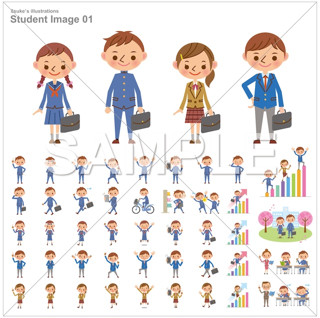 イラスト素材：中学生・高校生のポーズセット（ベクター・PNG・JPG）ダンロード版