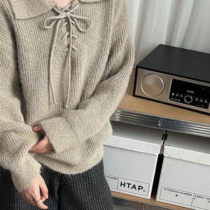 lace-up open collar knit J00078