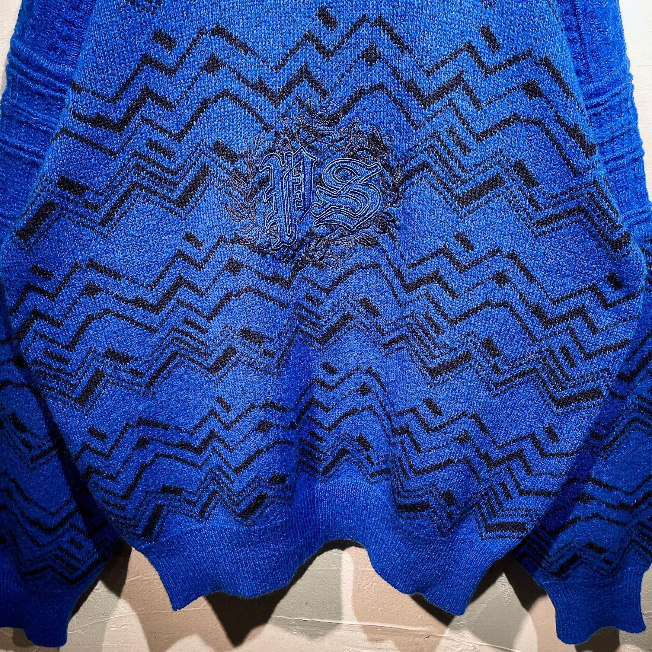 1990s Vivid Blue color zigzag pattern design loose silhouette vintage knit