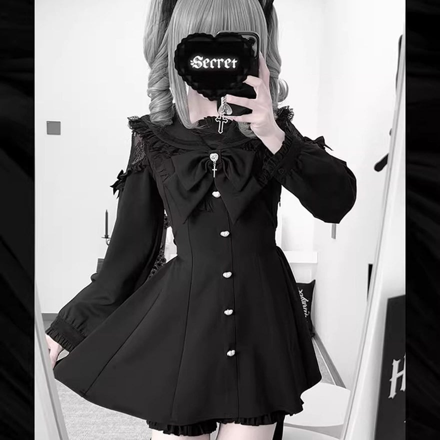 地雷系 オープンショルダー セットアップ ゴスロリ ブラック ステッチ レース フリル おしゃれ着 秋服ロリィタ