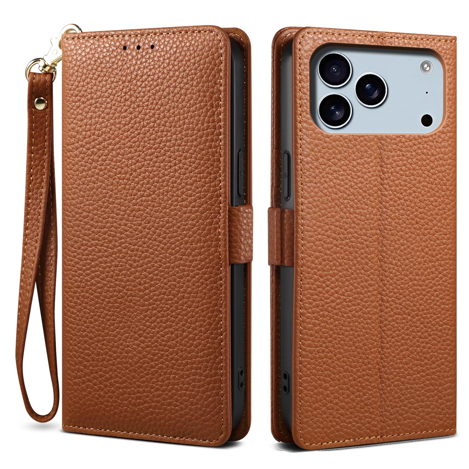 高級シュリンクカーフレザー iPhone 18 Pro 用 手帳型本革ケース カード収納 ストラップ Noble (18 Pro、キャメル)