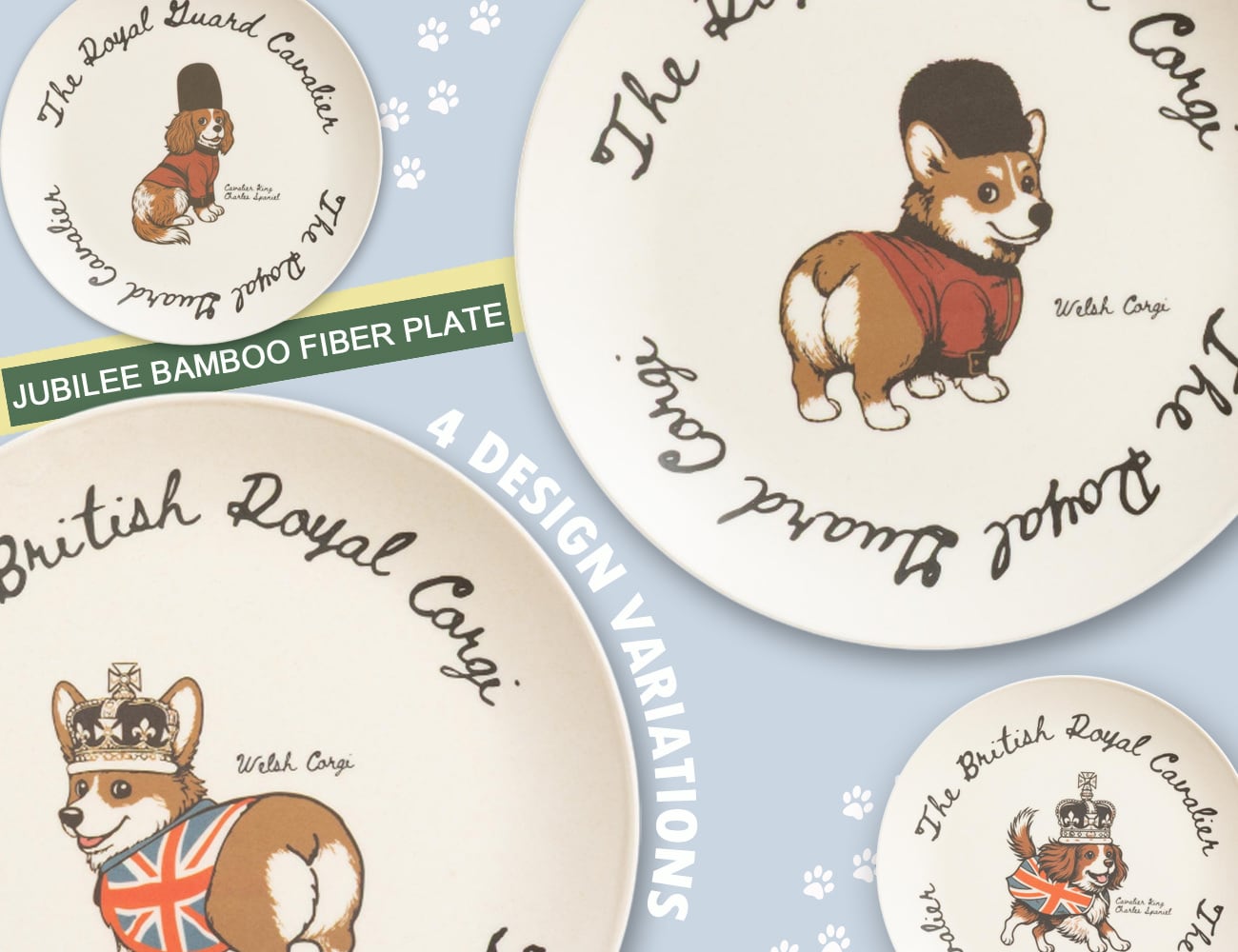 英国犬 コーギー&キャバリア デザイン バンブー皿 エコバンブー