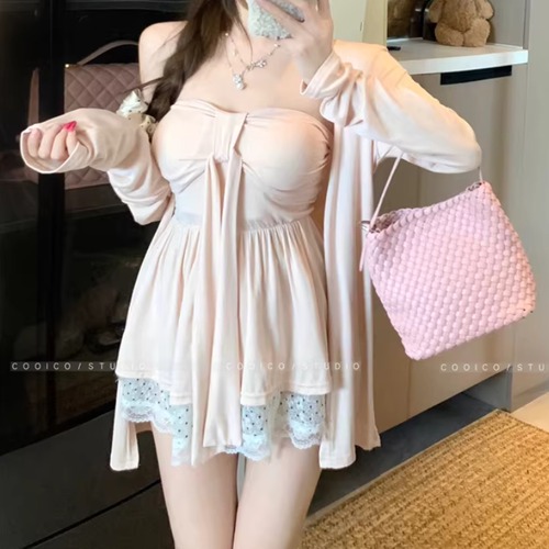 【2点セット】オープンフロントカーデ＋リボンフレアベアトップ ・75811