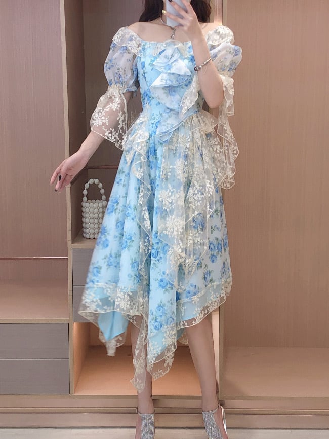 ワンピース 水色 ドレス 花柄 フラワー ワンピース ピンク 柄 花柄