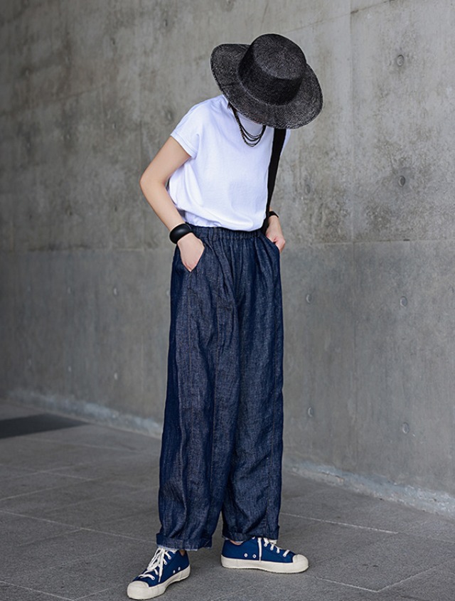 リネンデニム風 ワイドテーパードパンツ
