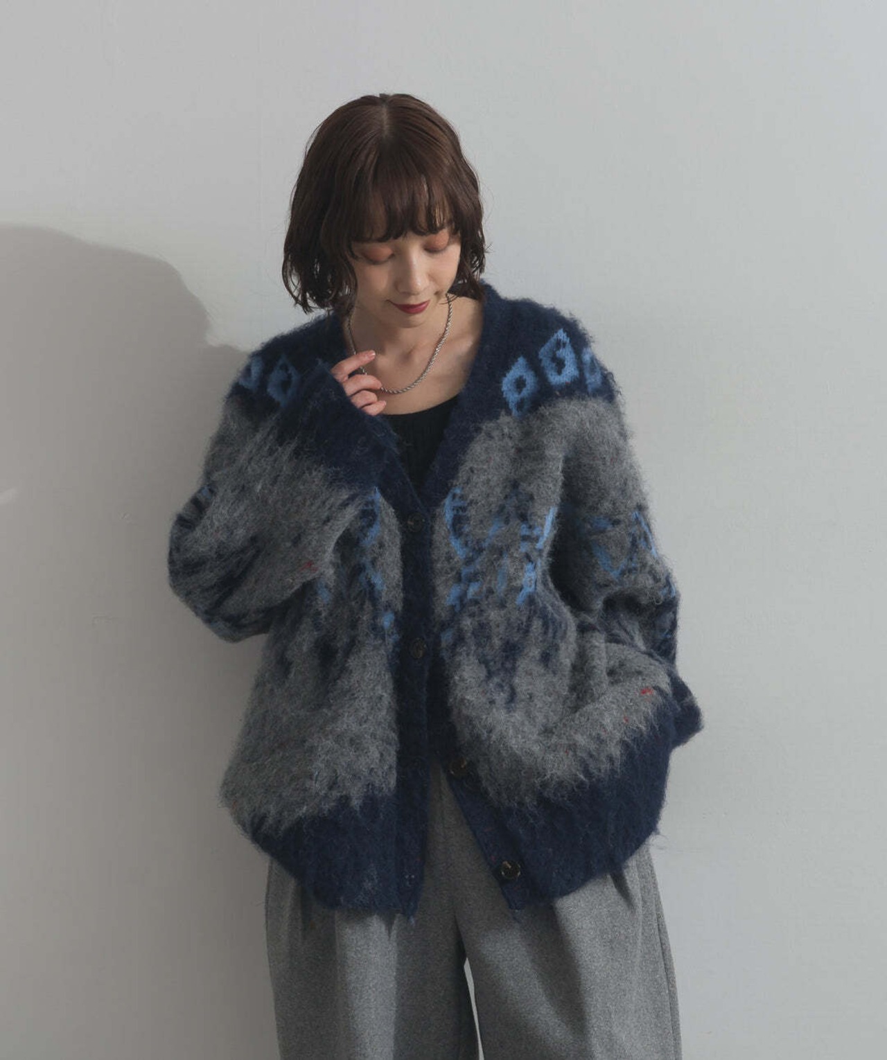 HD2510043 ノルディック柄シャギーニットカーディガン charcoal