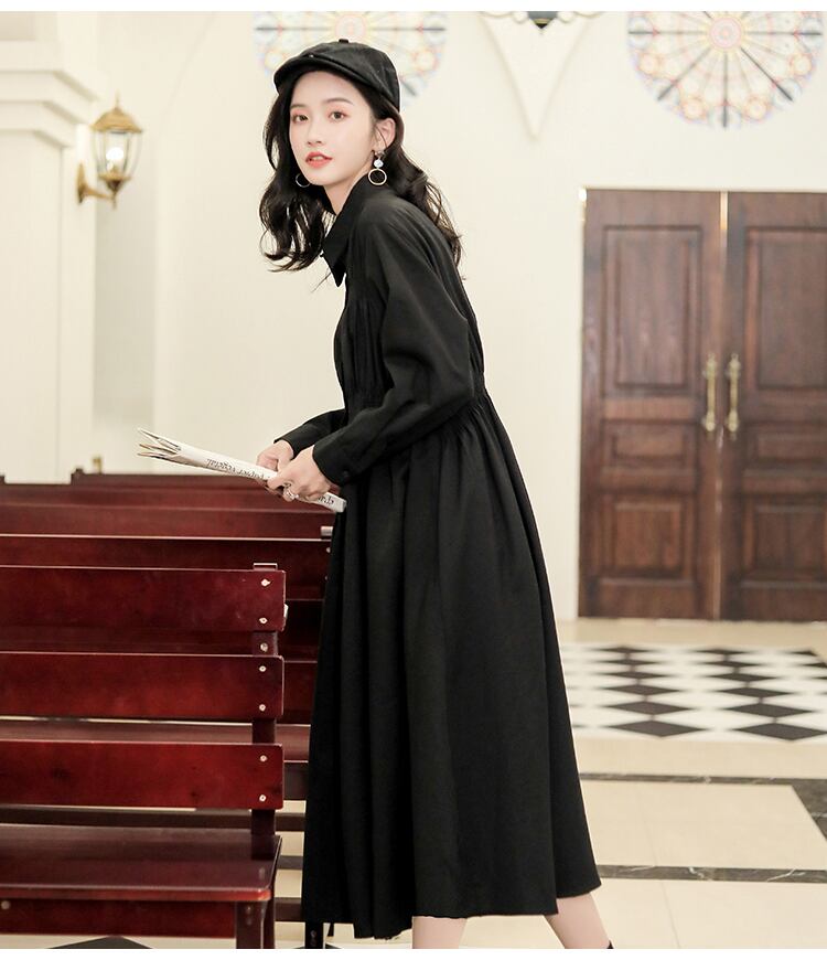 wafu ピンタック 黒 シャツワンピース 長袖 ドレス wafu】ピンタック