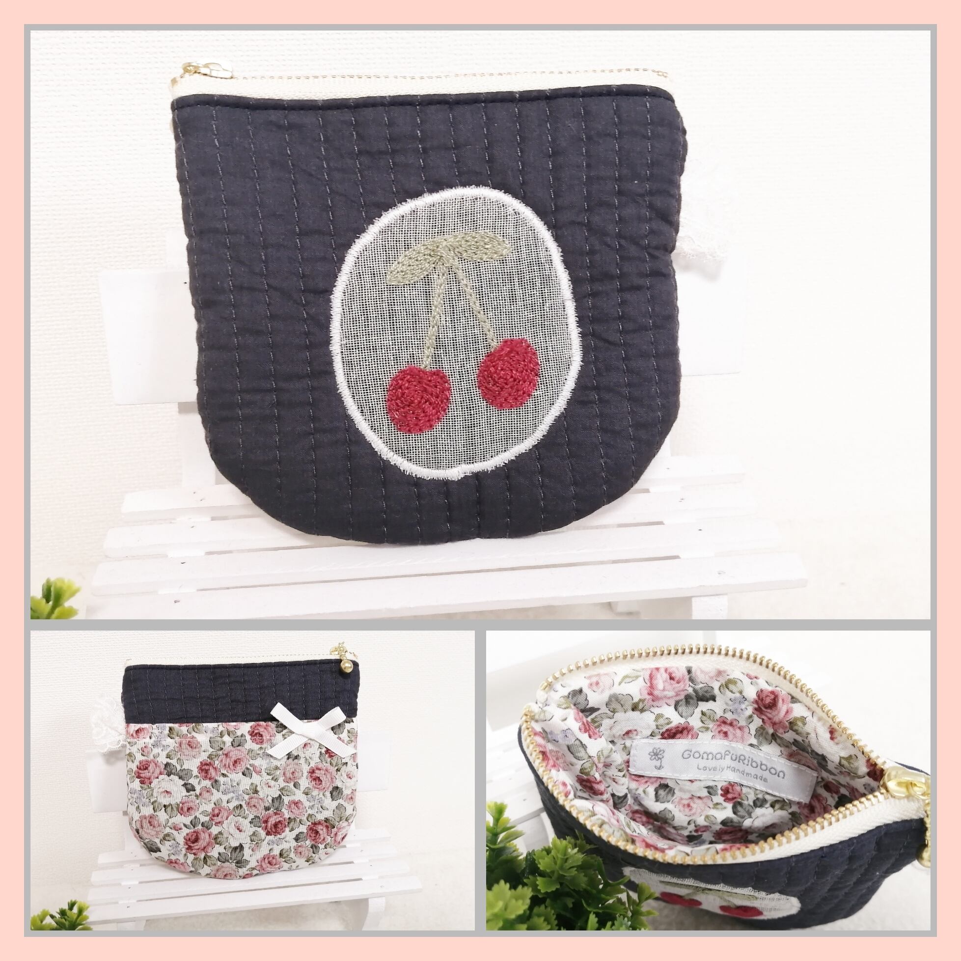 さくらんぼアップリケのふわふわポーチ 紺色*レッドフラワー ヌビキルティング