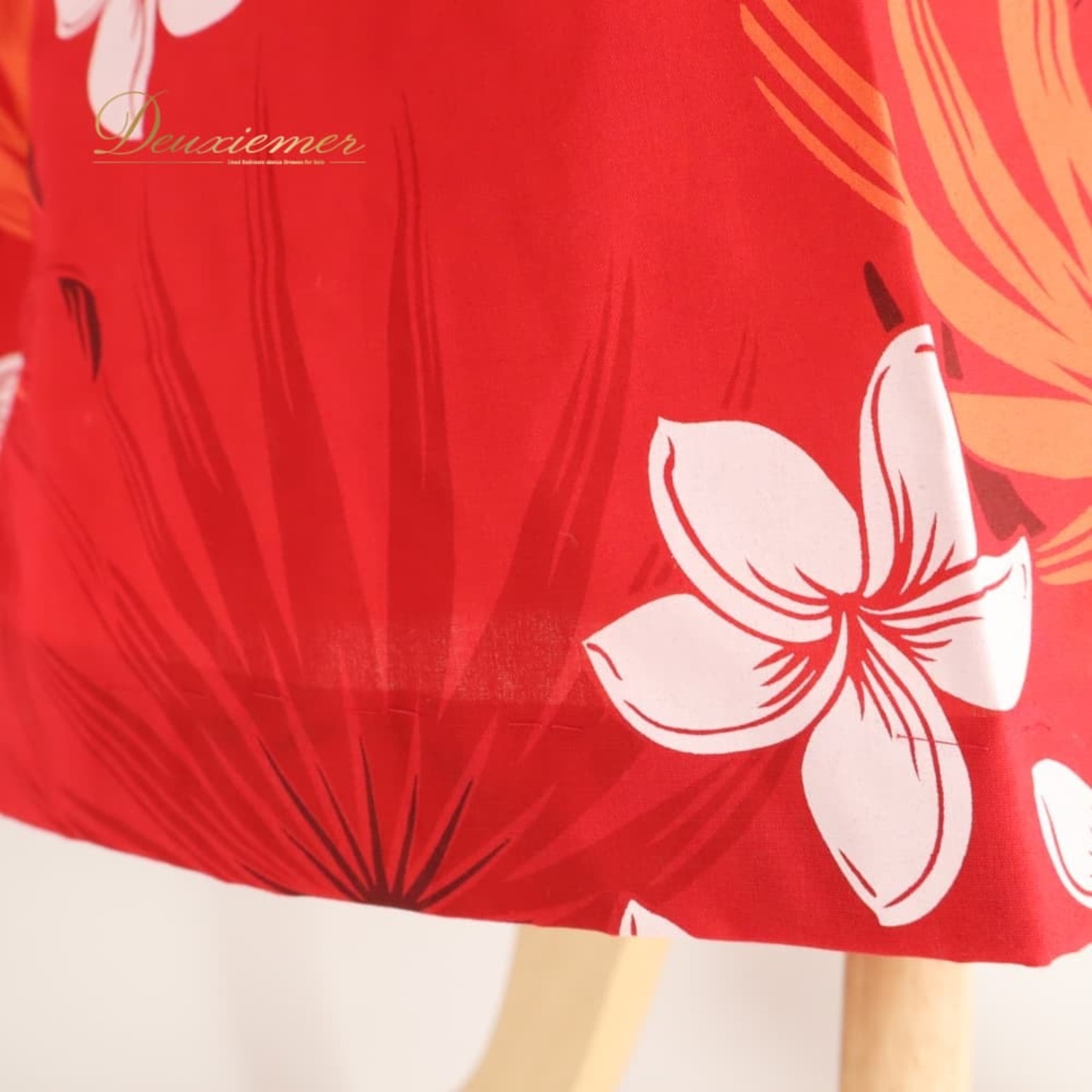 フラダンス 衣装 FANCY DRESS ファンシードレス ワンピース ドレス レッド系 プルメリア柄 花柄 植物柄 ハワイアンプリント ハワイアン アロハ フラ ダンス レッスン 練習 オレンジ系 赤 橙 白 茶 ホワイト系 ブラウン系 華やか 鮮やか かわいい おしゃれ 上品