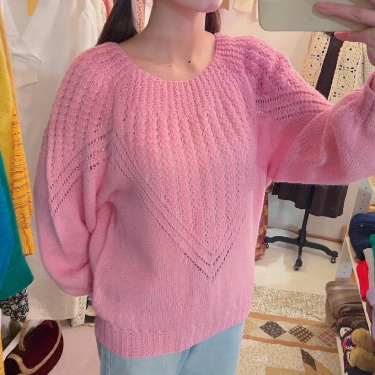pink openwork knit sweater