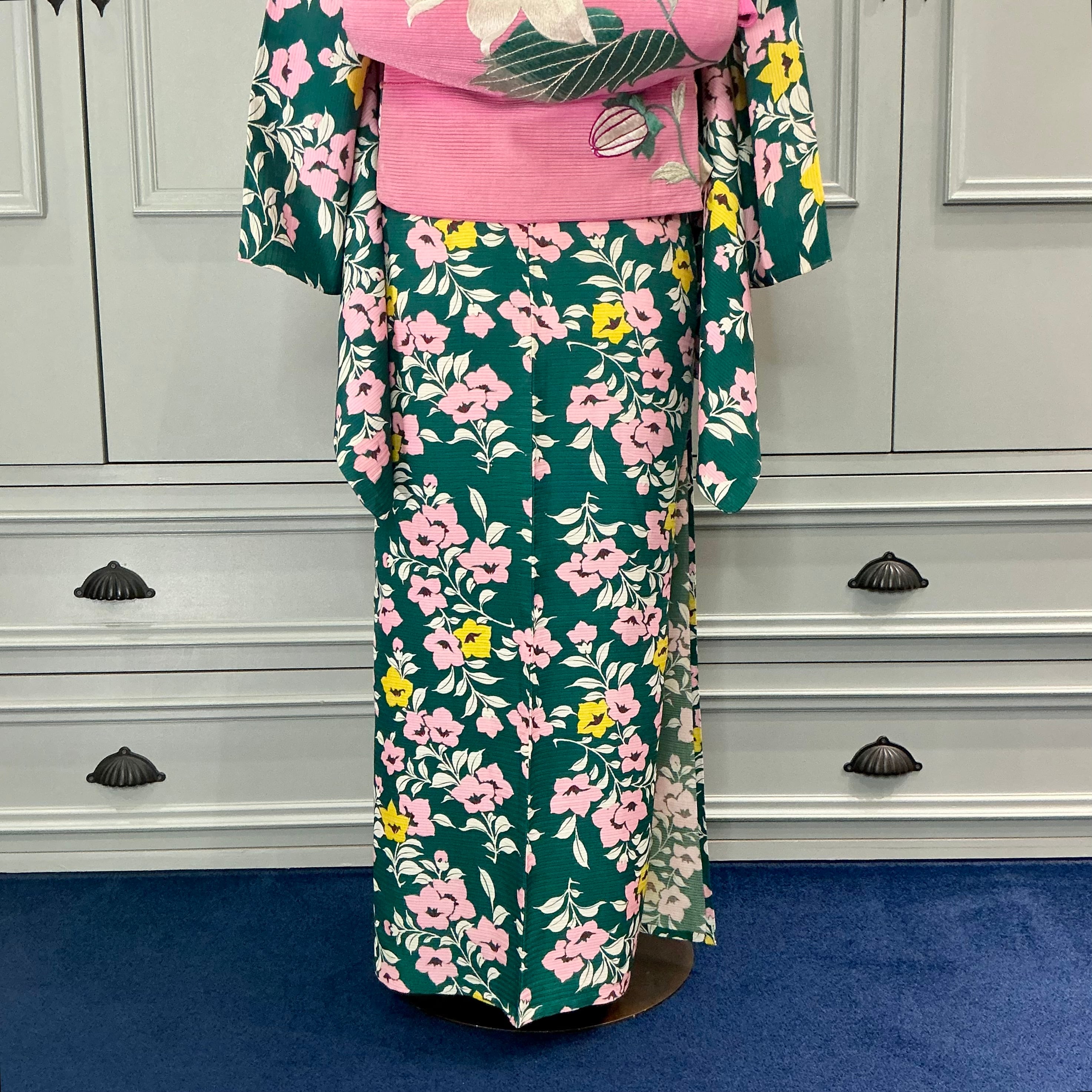 アーバン・ボタニカル＊夏着物 絽 桔梗 花 小花 グリーン アンティーク